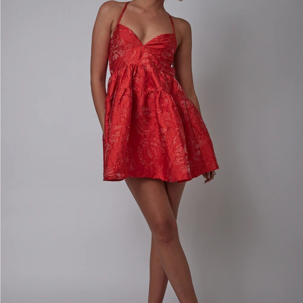 Selfie Leslie Red Floral Jacquard Spaghetti-Strap Mini Dress